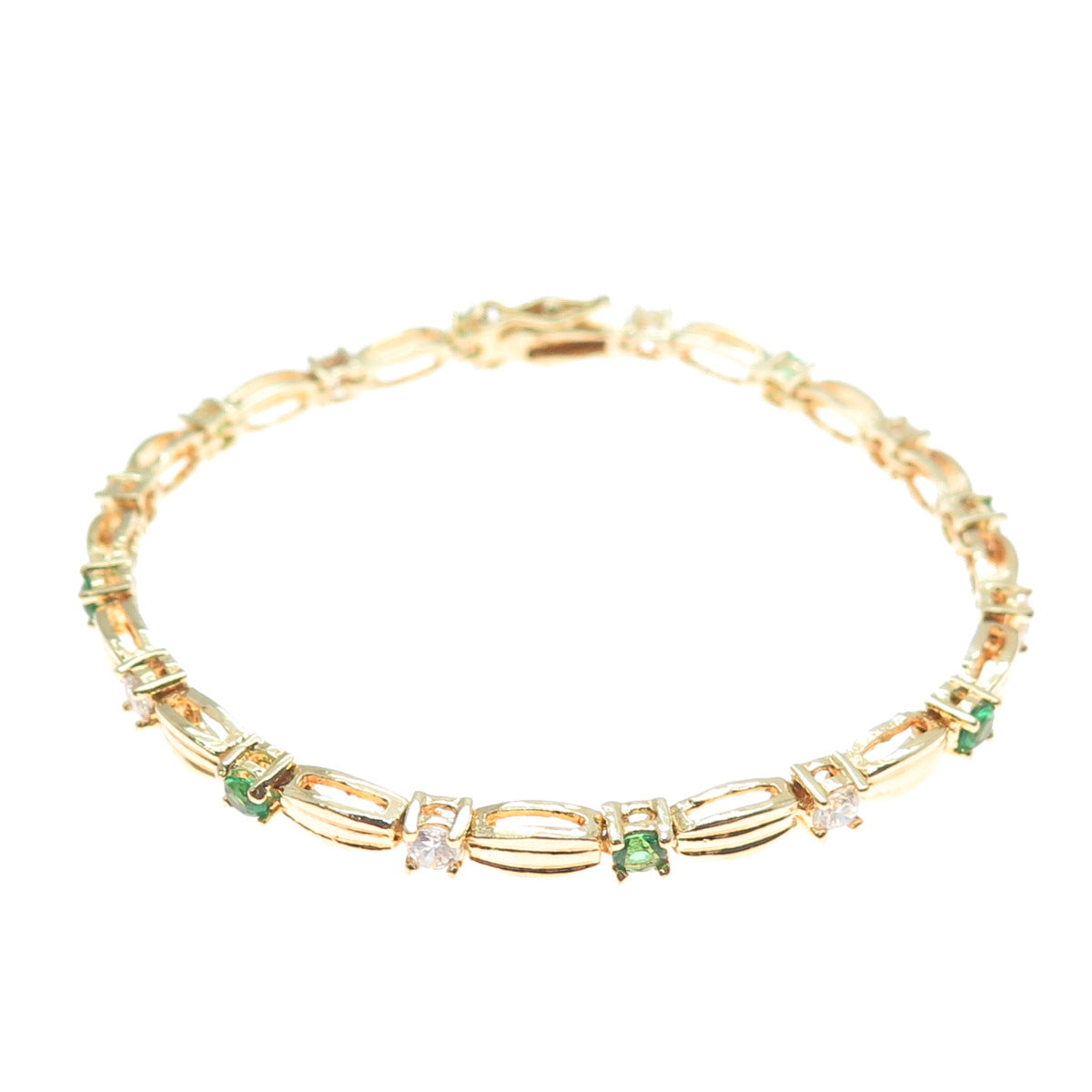 925 Sterling Silver Gold Plated Round-Cut Green & White C Z Bracelet 6.75"