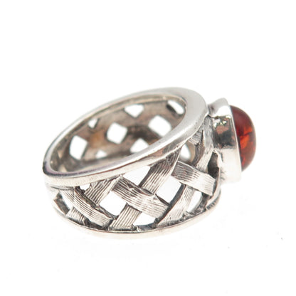 925 Sterling Silver Vintage Real Amber Woven Oxidized Ring Size 5.5