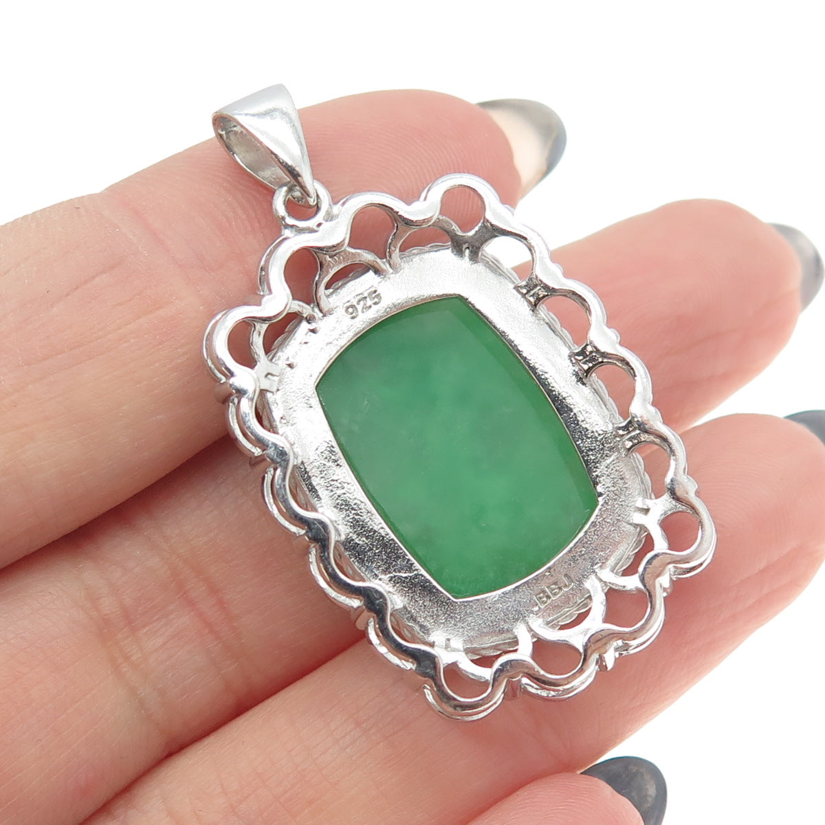 925 Sterling Silver Real Jade Gemstone Ornate Frame Pendant