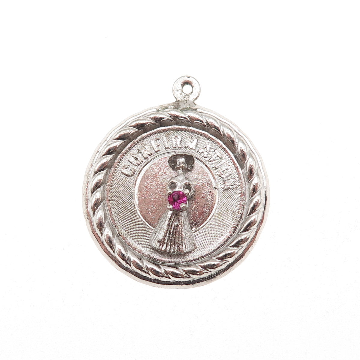 925 Sterling Silver Vintage Pink Rhinestone Confirmation Charm Pendant