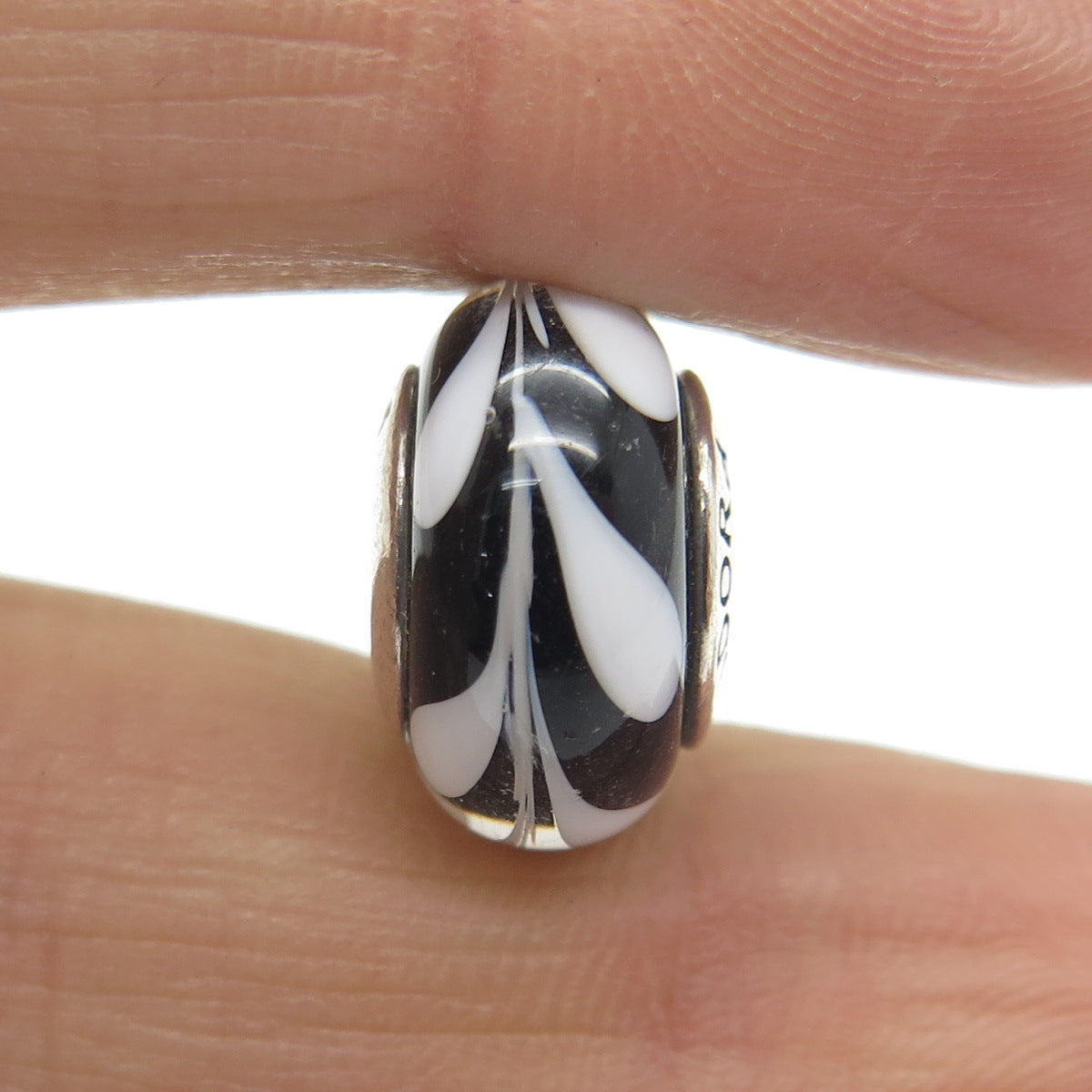 PANDORA 925 Sterling Silver Murano Glass White & Black Branches Bead Charm