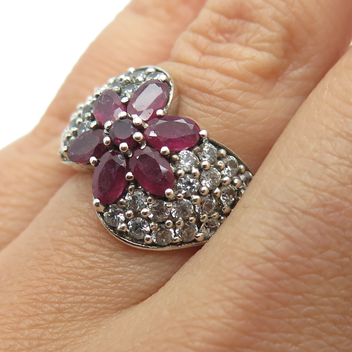 CHUCK CLEMENCY 925 Sterling Silver Real Ruby Gemstone & C Z Ring Size 6.25