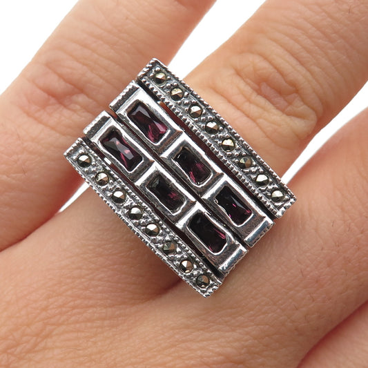 925 Sterling Silver Vintage Real Amethyst & Marcasite Oxidized Ring Size 6