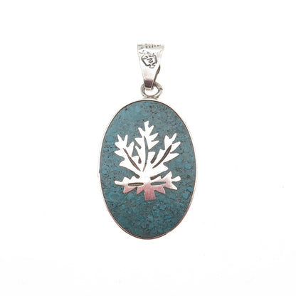 925 Sterling Silver Vintage Mexico Real Turquoise Inlay Cannabis Leaf Pendant