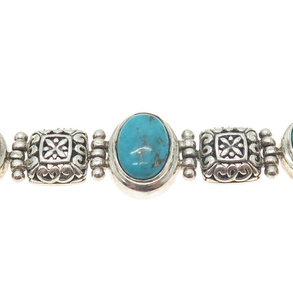 925 Sterling Silver Vintage Real Turquoise Gem Ethnic Wheat Link Bracelet 7.25"