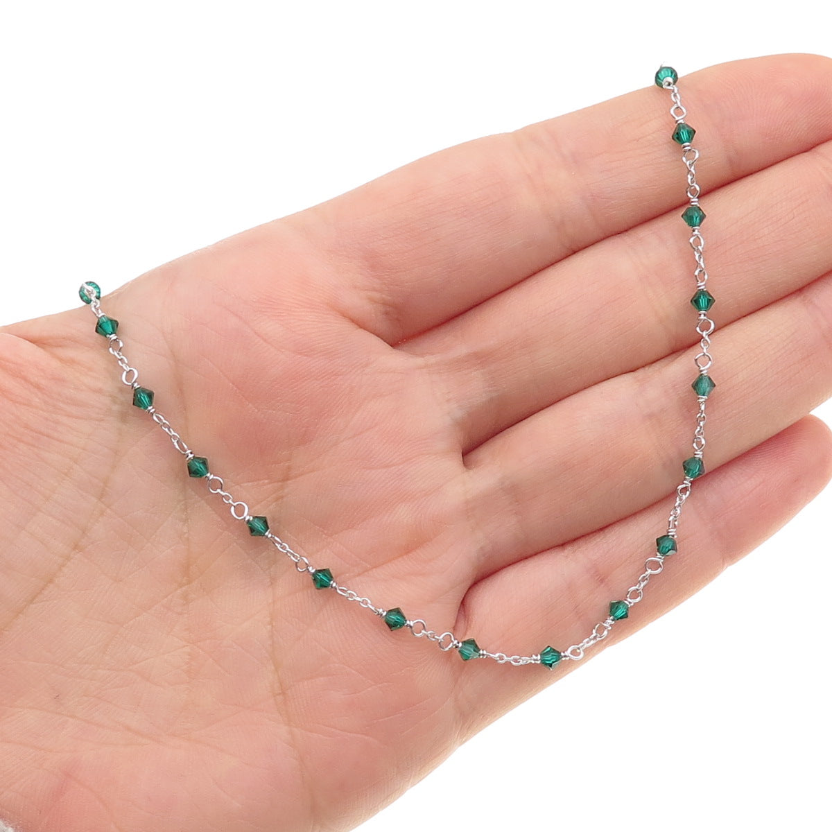 925 Sterling Silver Vintage Green Glass Beaded Chain Necklace 15-16"