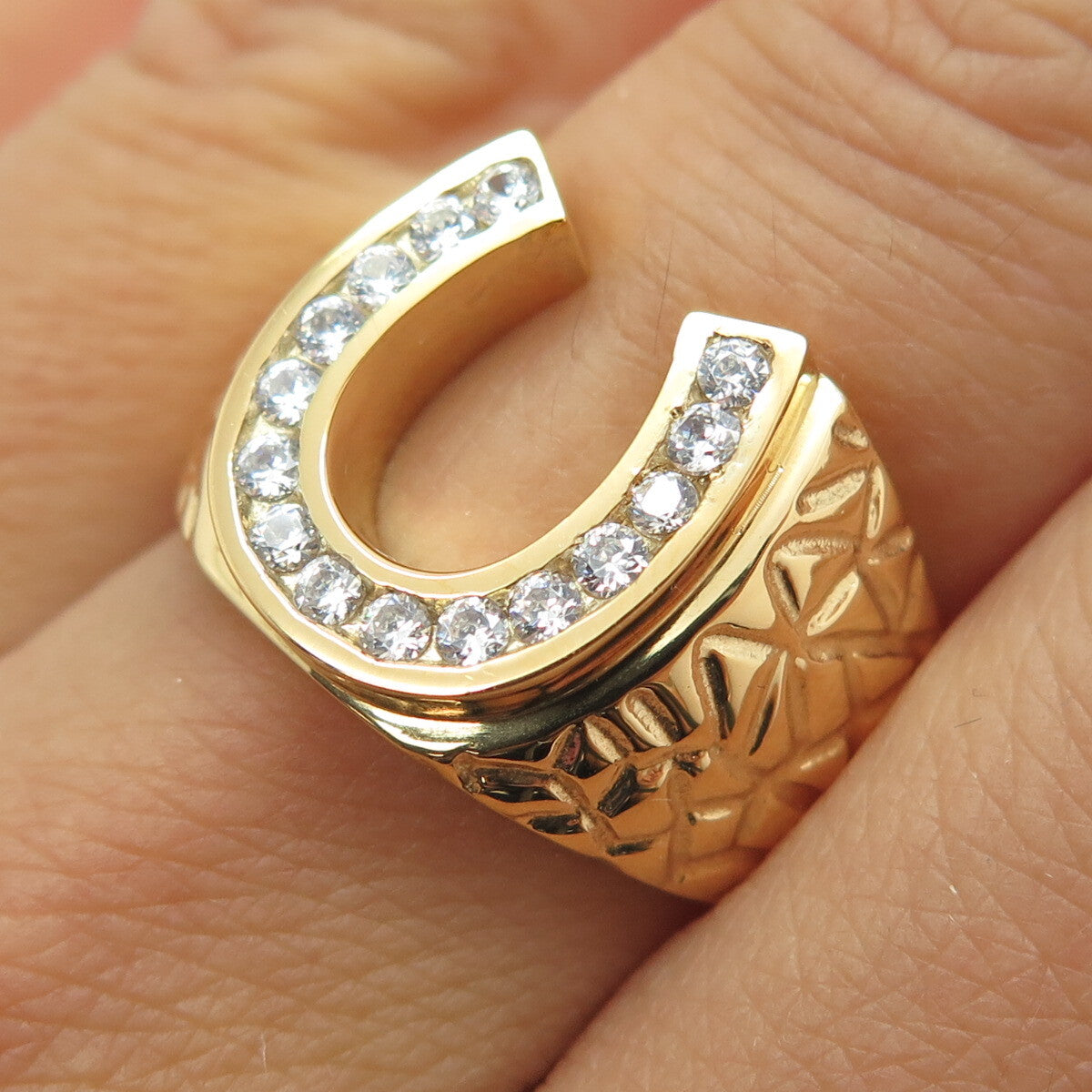 925 Sterling Silver Gold Plated Round-Cut Shaped C Z Horseshoe Ring Size 8.25
