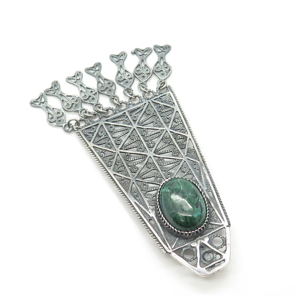 925 Sterling Silver Vintage Real Chrysocolla Gem Filigree Ethnic Slide Pendant
