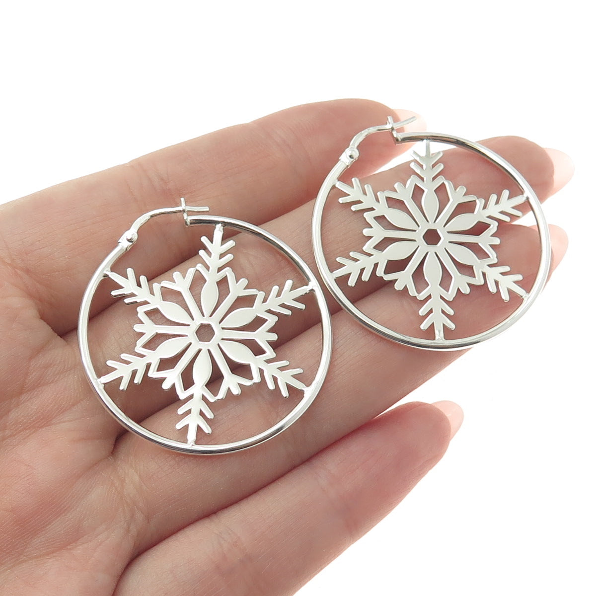 925 Sterling Silver Snowflake Hoop Earrings