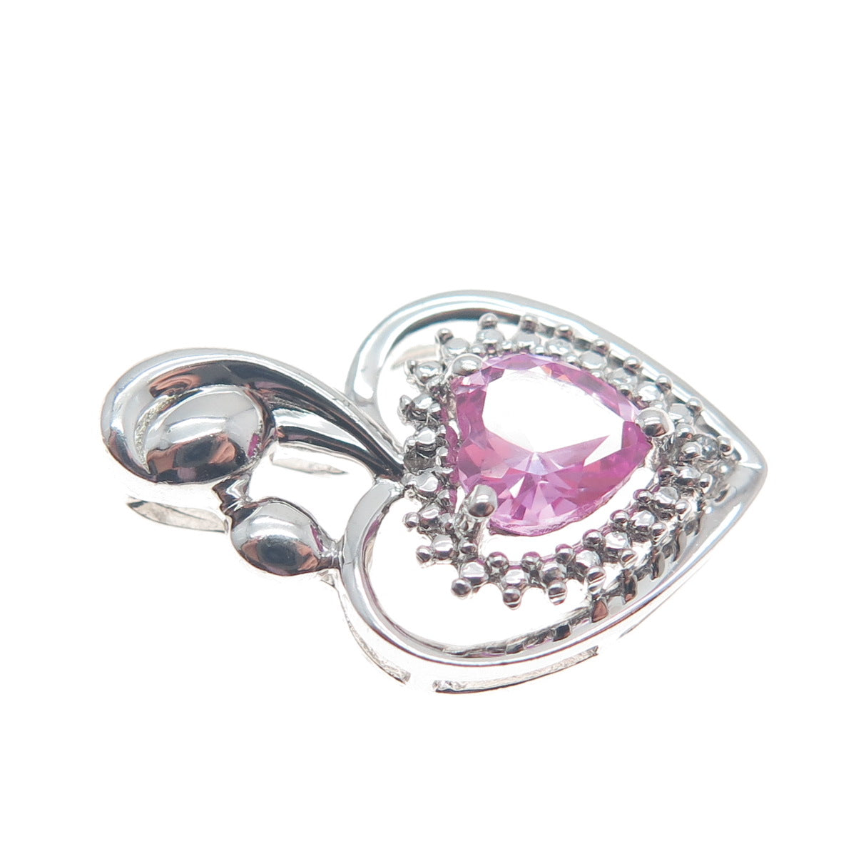 SUN 925 Sterling Silver Real Pink Sapphire Gemstone Heart Slide Pendant