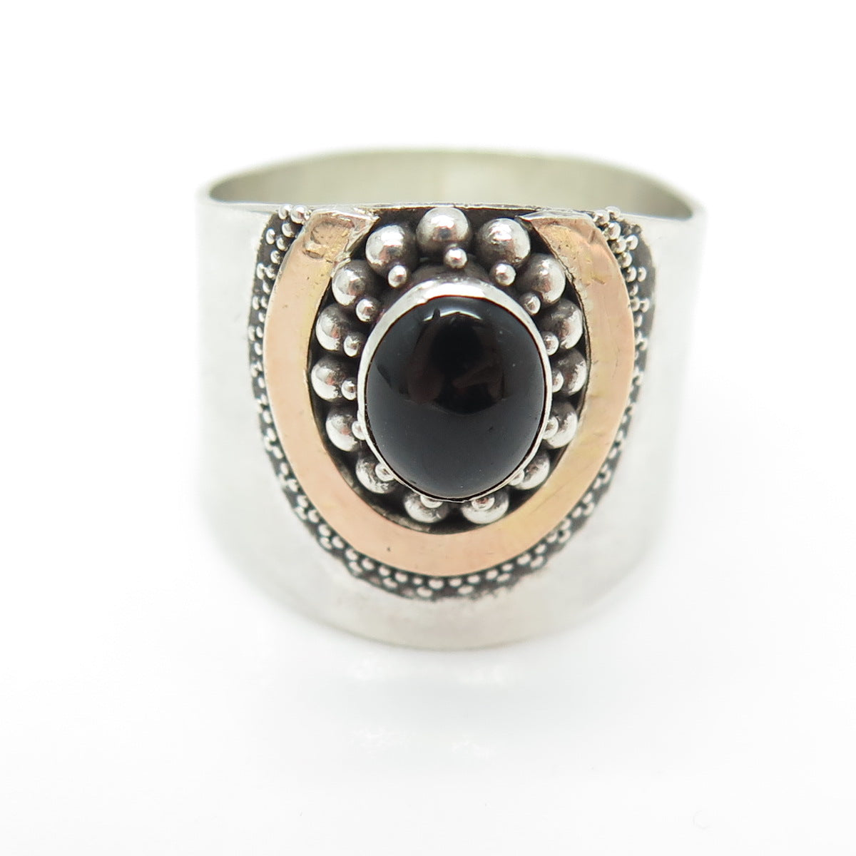 925 Sterling Silver 2-Tone Vintage Real Black Onyx Granulated Ring Size 8.5