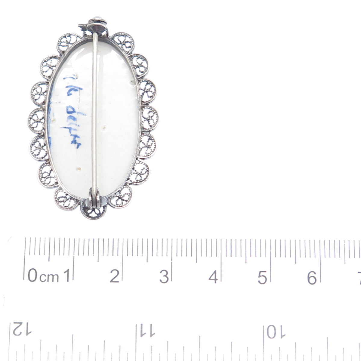 DELFT 835 Silver Vintage Ceramic Old Mill Filigree Pin Brooch