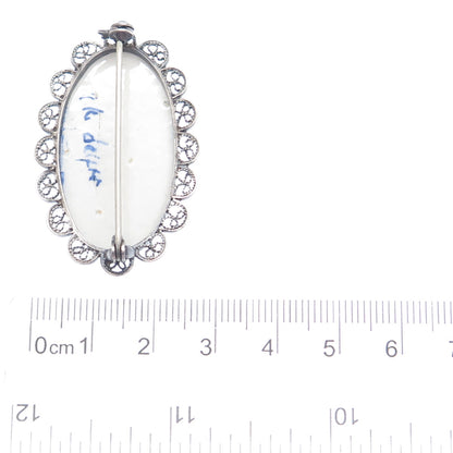 DELFT 835 Silver Vintage Ceramic Old Mill Filigree Pin Brooch