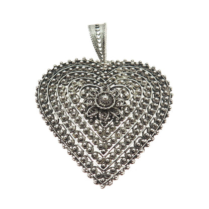 925 Sterling Silver Antique Art Deco Cannetille Heart Oxidized Pendant