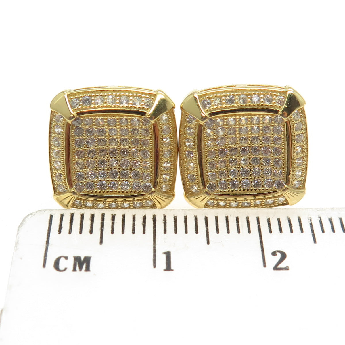 925 Sterling Silver Gold Plated Pave C Z Stud Earrings