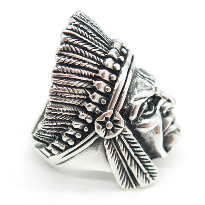 925 Sterling Silver Vintage Indian Chief Tribal Statement Ring Size 8.75