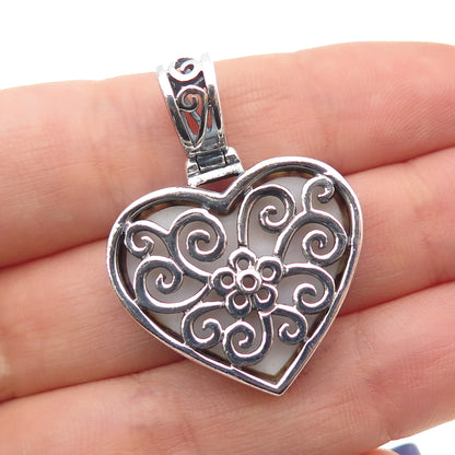 BOMA 925 Sterling Silver Vintage Real MOP Ornate Heart Charm Pendant