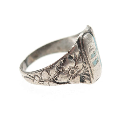 925 Sterling Silver Antique Art Deco Enamel Torah Judaica Oxidized Ring Size 8.5
