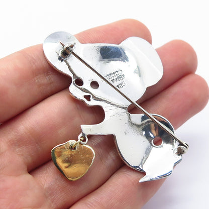 925 Sterling Silver 2-Tone Vintage Mexico Mouse & Heart Pin Brooch
