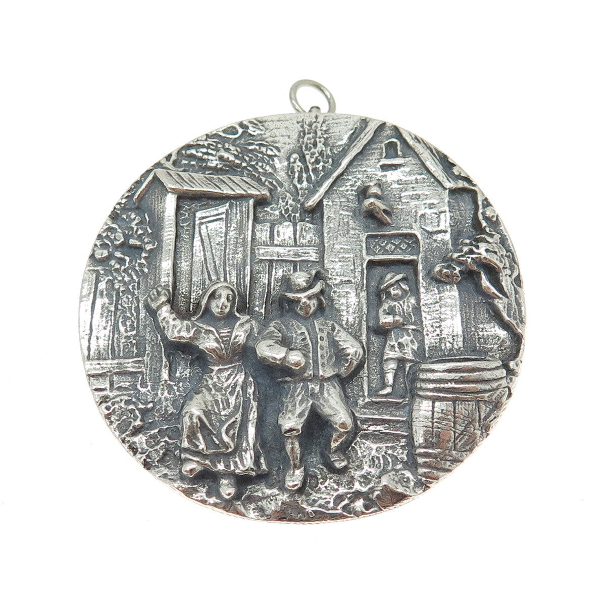 925 Sterling Silver Antique Art Deco Storyteller Oxidized Pin Brooch / Pendant