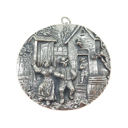 925 Sterling Silver Antique Art Deco Storyteller Oxidized Pin Brooch / Pendant