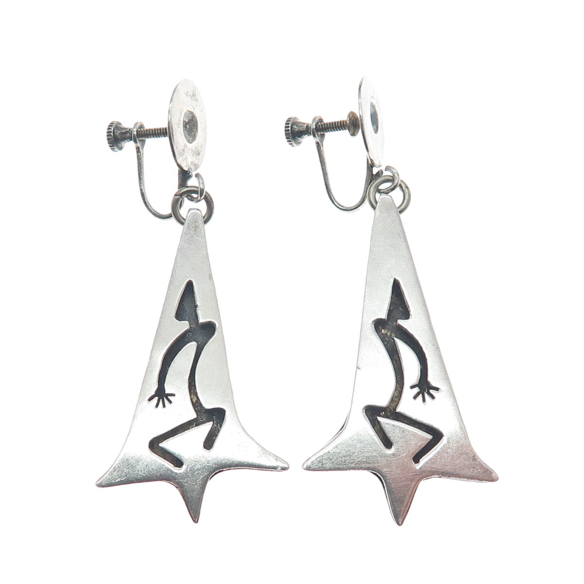925 Sterling Silver Vintage Mexico Aztec Dancer Oxidized Screw Back Earrings