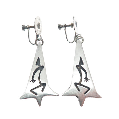 925 Sterling Silver Vintage Mexico Aztec Dancer Oxidized Screw Back Earrings