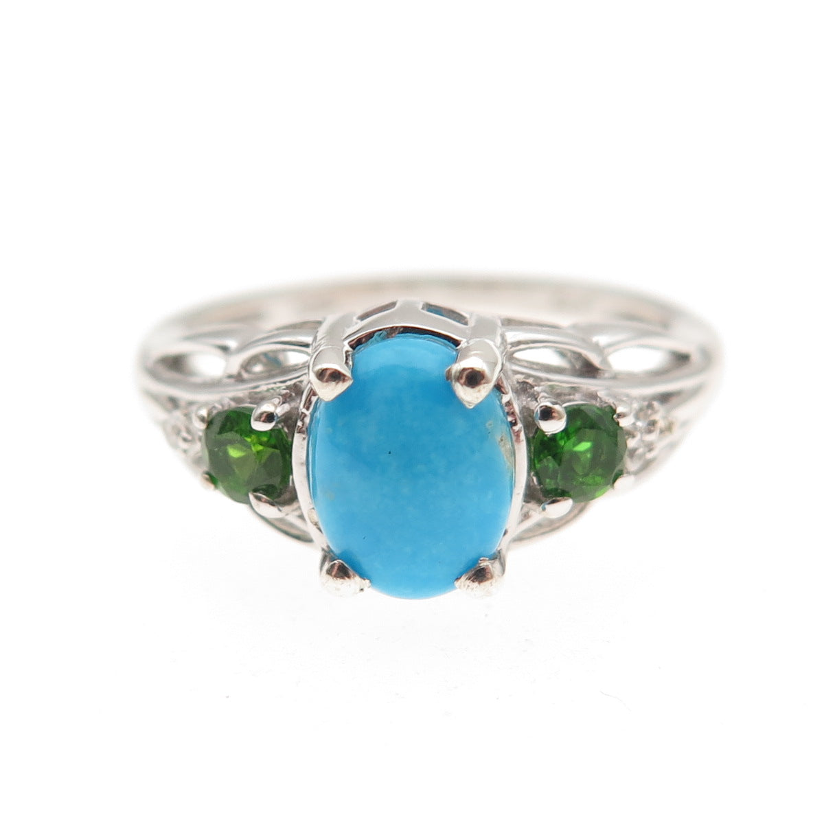 Chuck Clemency 925 Sterling Turquoise White Topaz & Chrome Diopside Ring Size 7