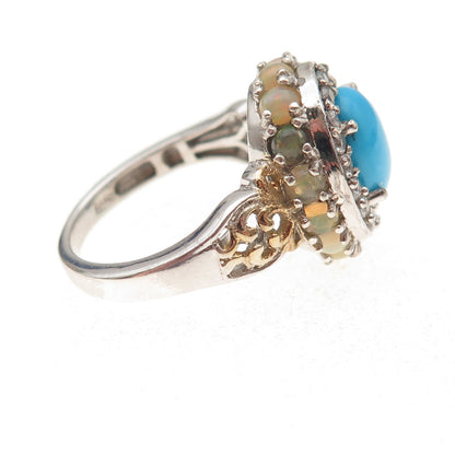 Chuck Clemency Sterling Silver 2-Tone Real Turquoise Opal & Topaz Ring Size 8.25