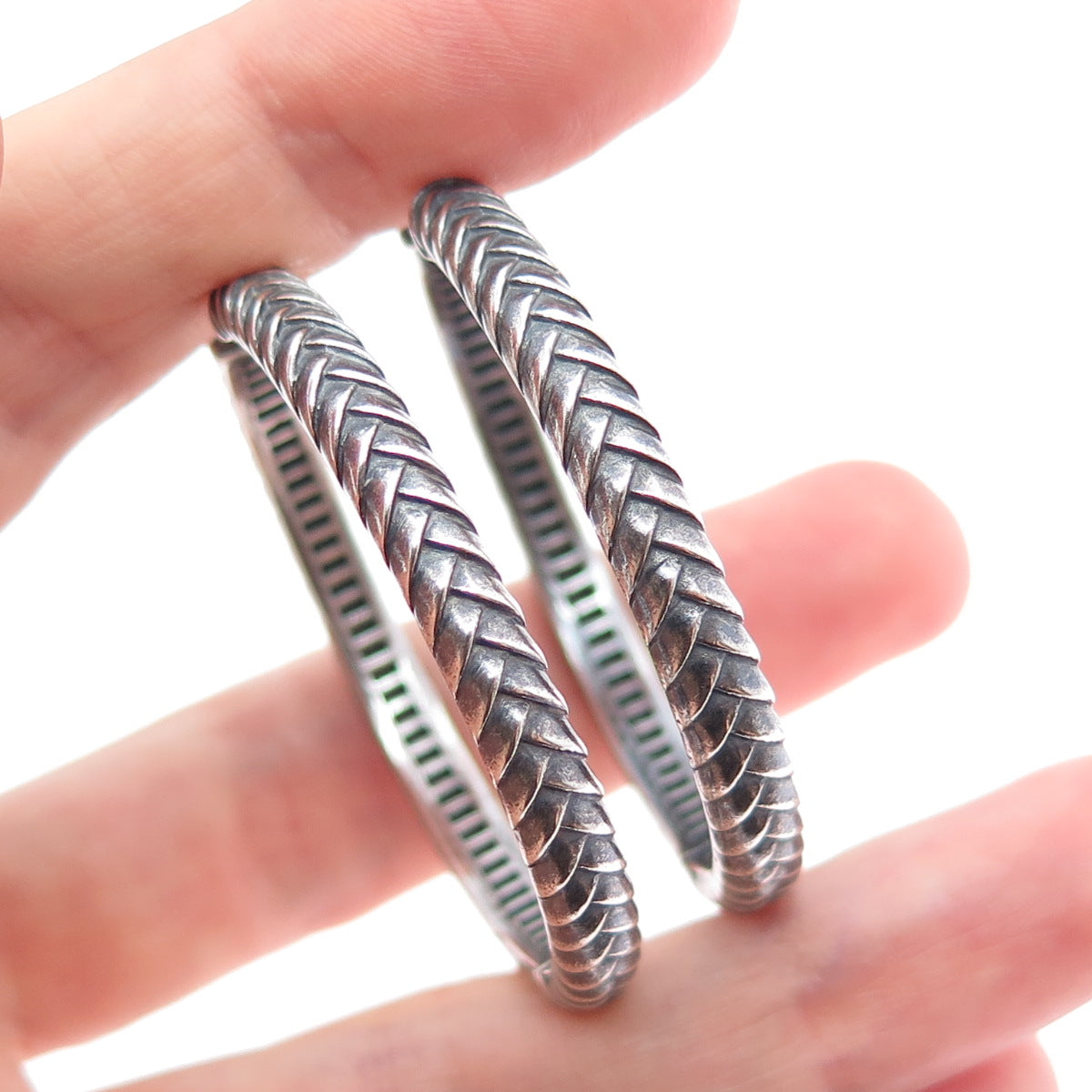 925 Sterling Silver Vintage Modernist Wheat Link Oxidized Hoop Earrings