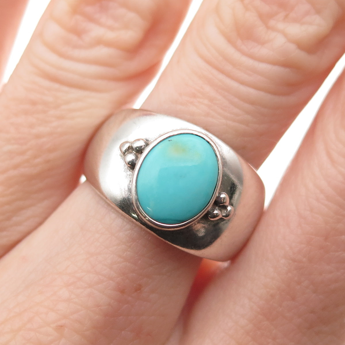 Shube 925 Sterling Silver Vintage Real Turquoise Beaded Oxidized Ring Size 8.75