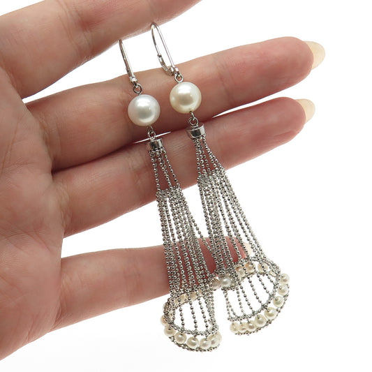 925 Sterling Silver Vintage Real Pearl Ball Beaded Chain Chandelier Earrings