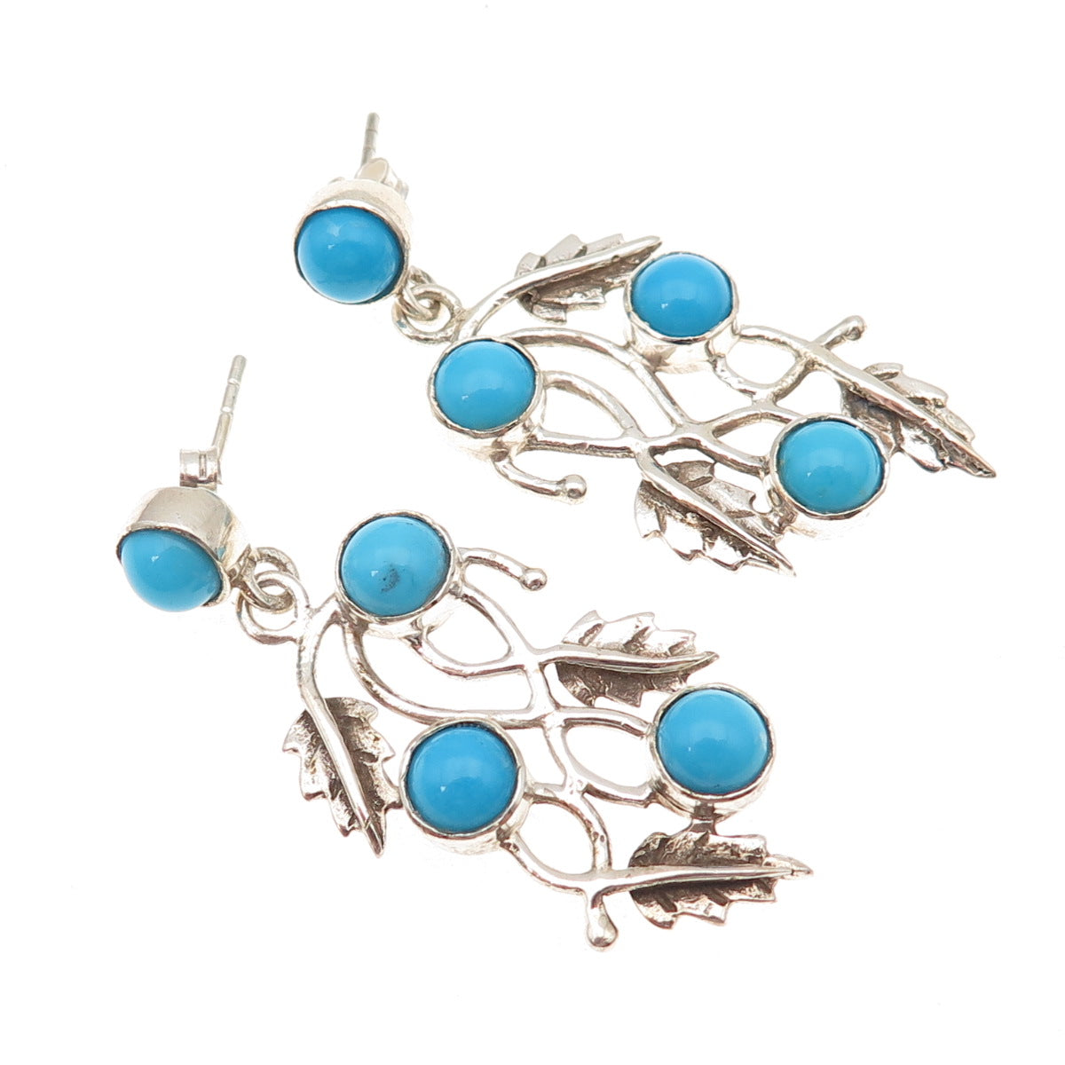 925 Sterling Vintage Real Sleeping Beauty Turquoise Floral Leaf Dangle Earrings