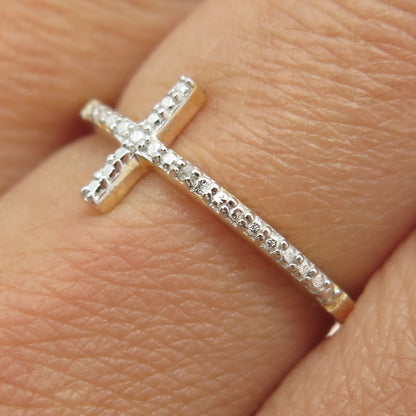 925 Sterling Silver Gold Plated Real Diamond Accent Cross Ring Size 8.25