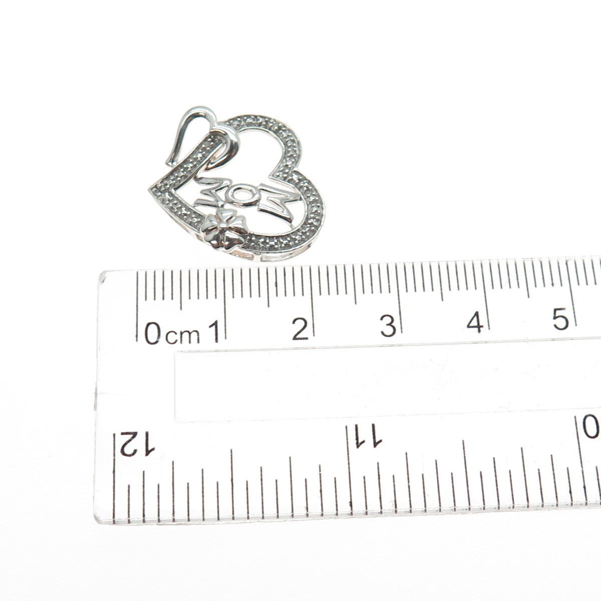 925 Sterling Silver Real Round-Cut Diamond Mom Flower Heart Mini Slide Pendant