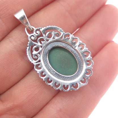 925 Sterling Silver Vintage Real Royston Turquoise Ornate Charm Pendant