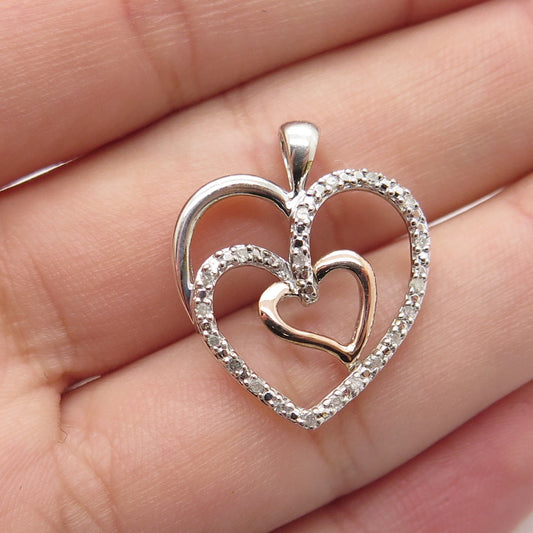 SUN 14K Rose Gold & 925 Sterling Silver Real Round-Cut Diamond Heart Pendant