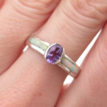 925 Sterling Silver Vintage Real Amethyst & Opal Ring Size 8