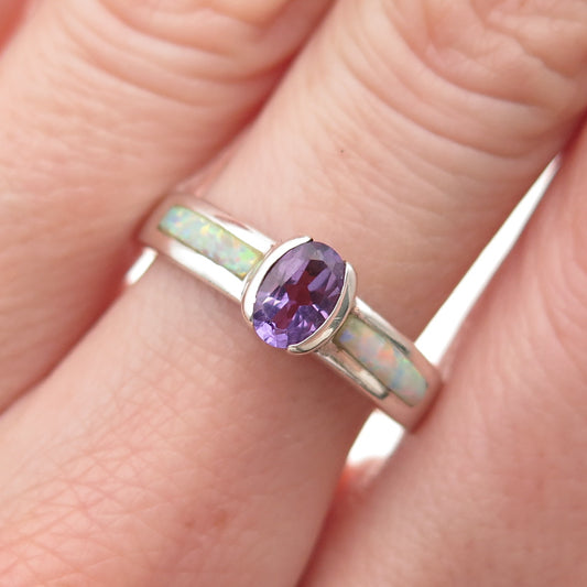 925 Sterling Silver Vintage Real Amethyst & Opal Ring Size 8
