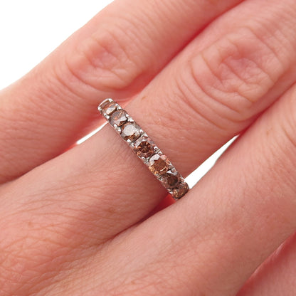 925 Sterling Silver Real Cognac Diamond Half Eternity Band Ring Size 5.25