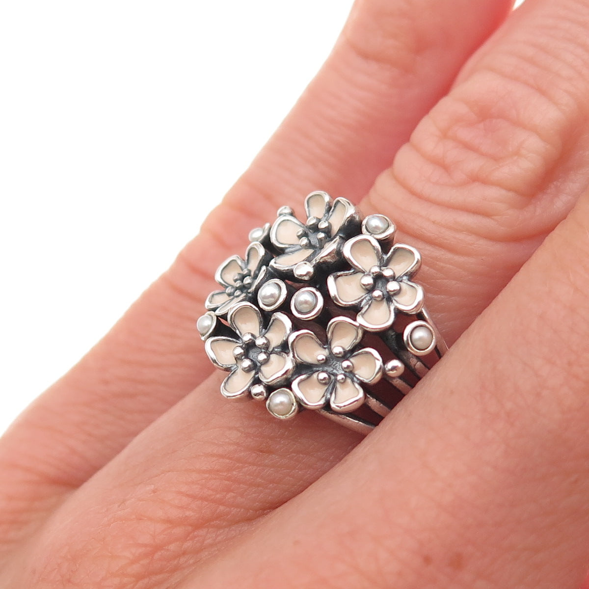 Pandora Sterling Silver Enamel Real Pearl Cherry Blossom Bouquet Ring Size 5.5