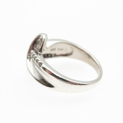 SUN 925 Sterling Silver Real Round-Cut Diamond Bypass Ring Size 6.75