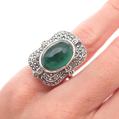 925 Sterling Silver Antique Art Deco Real Marcasite & Green Glass Ring Size 4