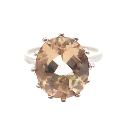 925 Sterling Silver Vintage Real Oval-Cut Smoky Quartz Ring Size 6.25
