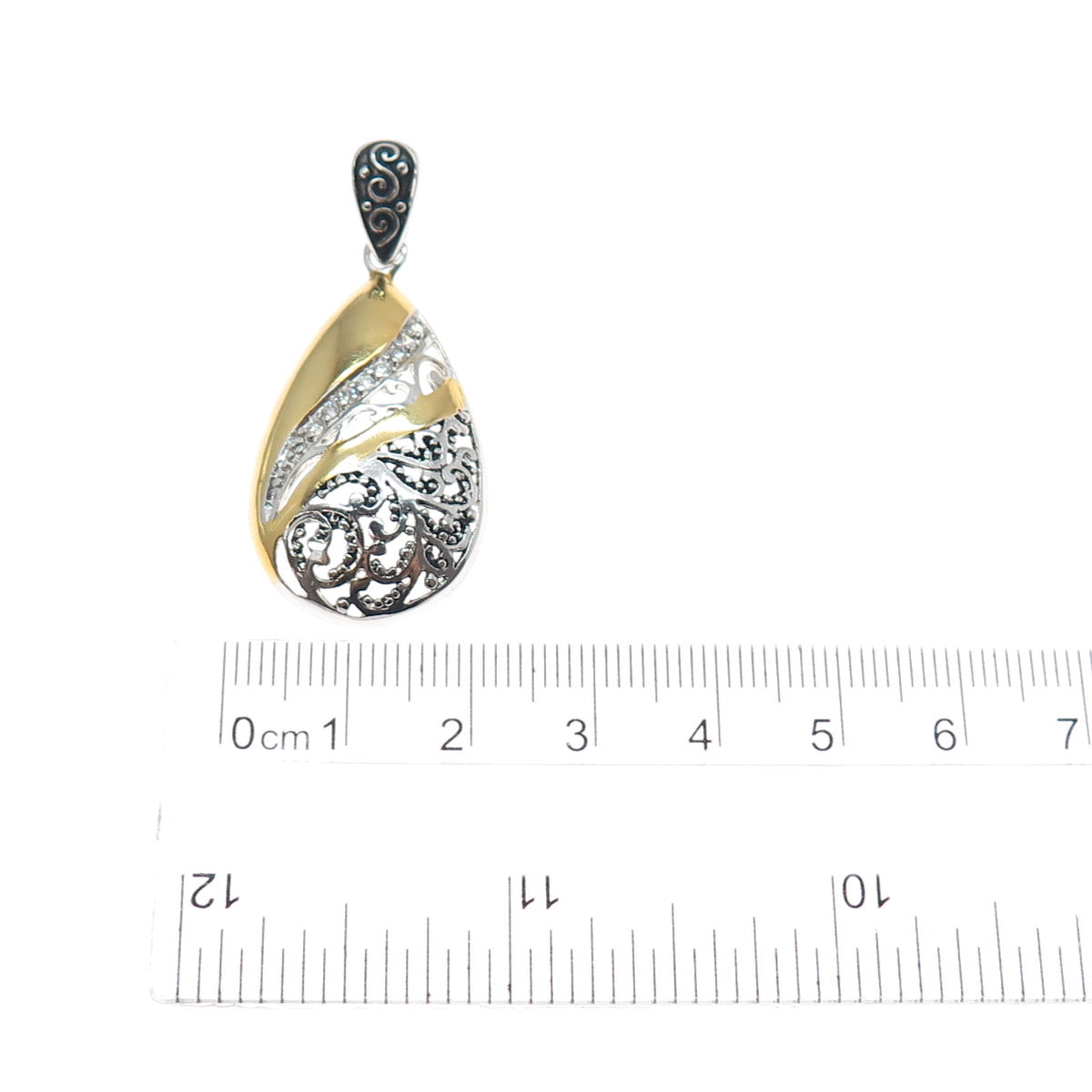 925 Sterling Silver 2-Tone Round-Cut C Z Granulated Teardrop Charm Pendant