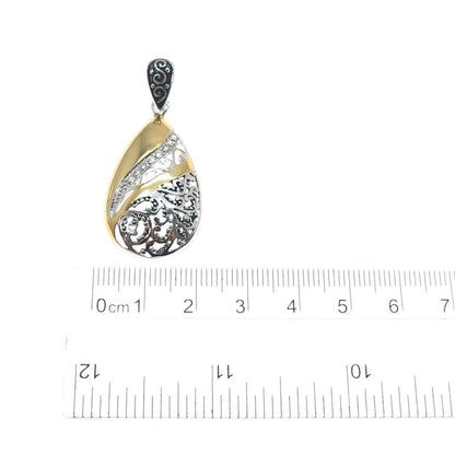 925 Sterling Silver 2-Tone Round-Cut C Z Granulated Teardrop Charm Pendant