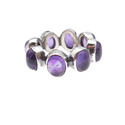 925 Sterling Silver Vintage Real Amethyst Modernist All Around Ring Size 8.5
