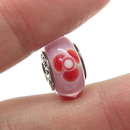 PANDORA 925 Sterling Silver Murano Glass Red Flower Bead Charm