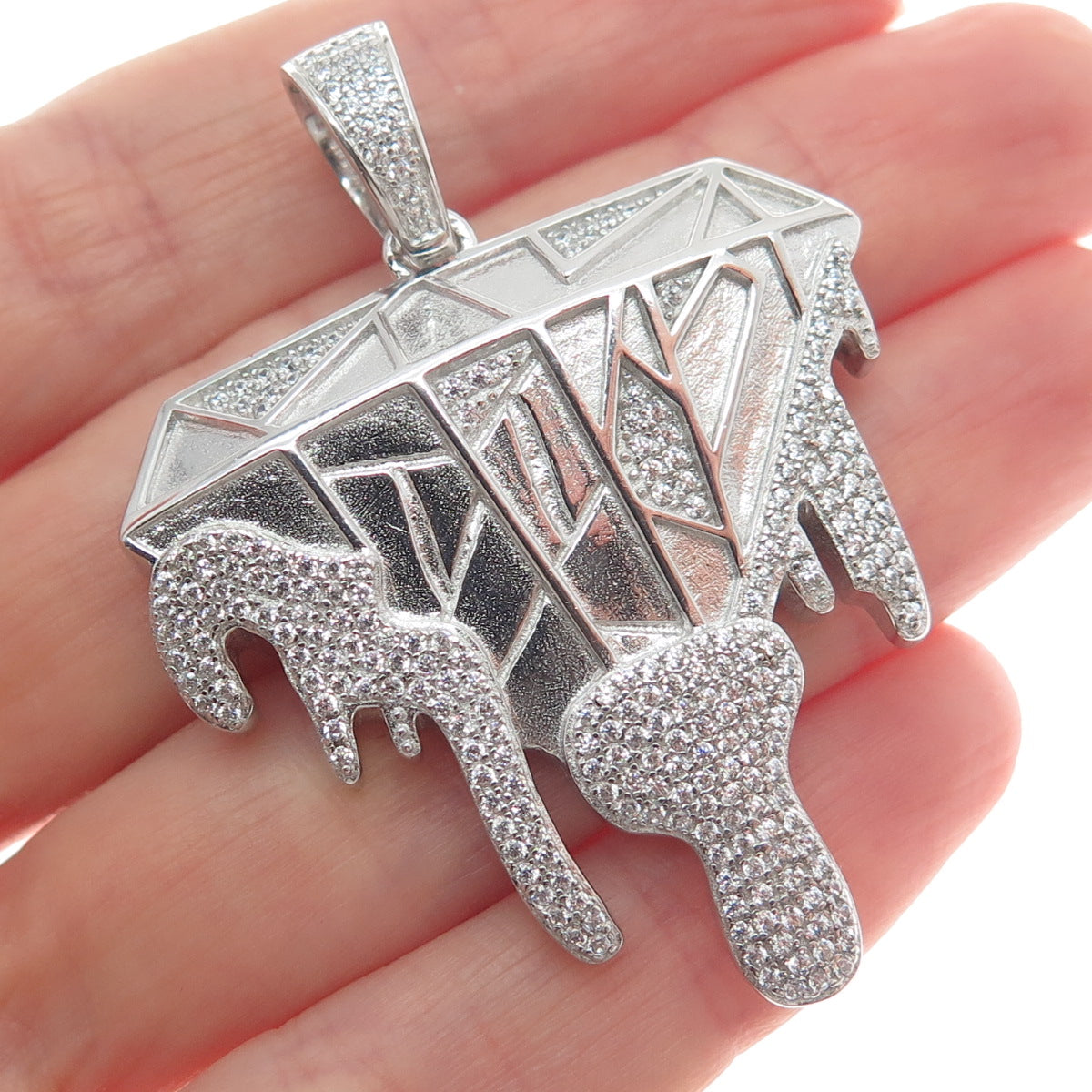 925 Sterling Silver Round-Cut Shaped C Z Lava Diamond-Shape Sparkle Pendant