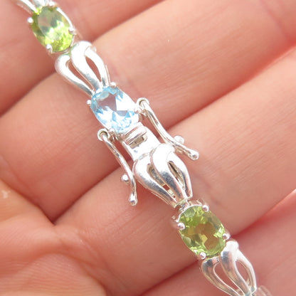 925 Sterling Silver Vintage Real Oval-Cut Blue Topaz & Peridot Bracelet 7.25"